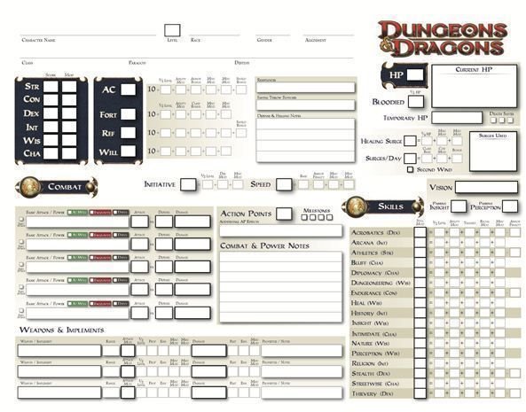 Dungeons And Dragons 2Nd Edition Character Sheets