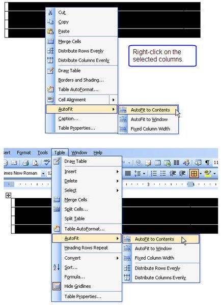 word 2010 automatically adjust table columns to fit text