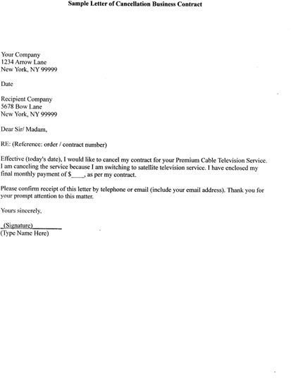 Sample Letter of Cancellation of Business Contract