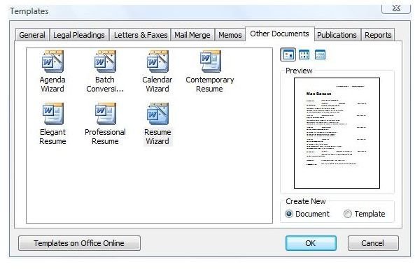 how to open resume wizard on word