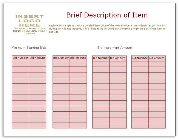 sample silent auction bid sheet