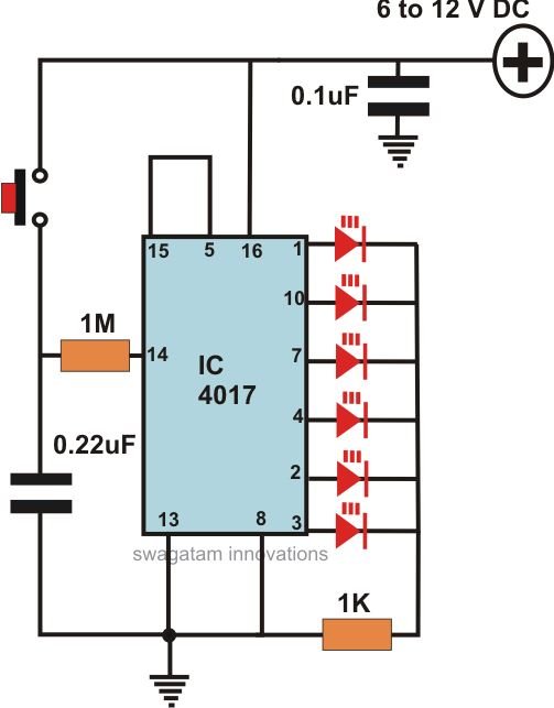 Simple Led Light Circuit - Manually Operated Led Light Sequencer Circuit - Simple Led Light Circuit