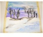 Paint white and blue pond with grey trees