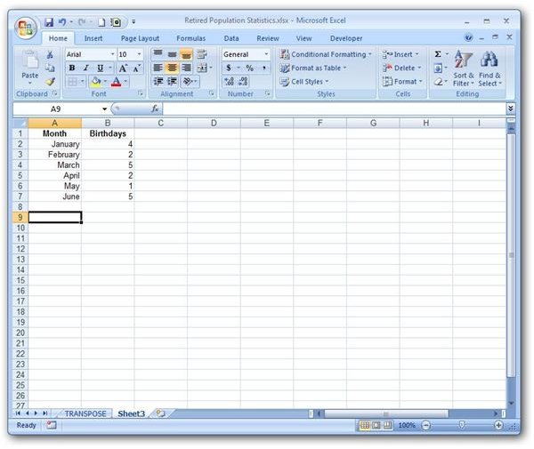 In this example, we have a table that is 7 rows by 2 columns, and we would like to transform it into one that is 2 rows by 7 columns.