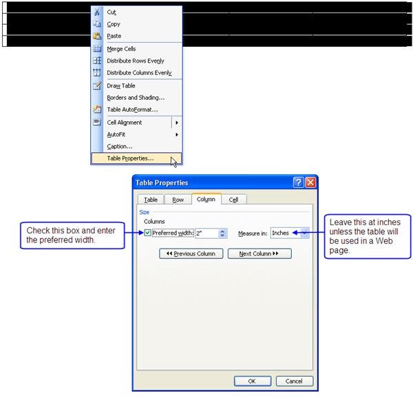 Microsoft Word Table Minimum Column Width Dialog