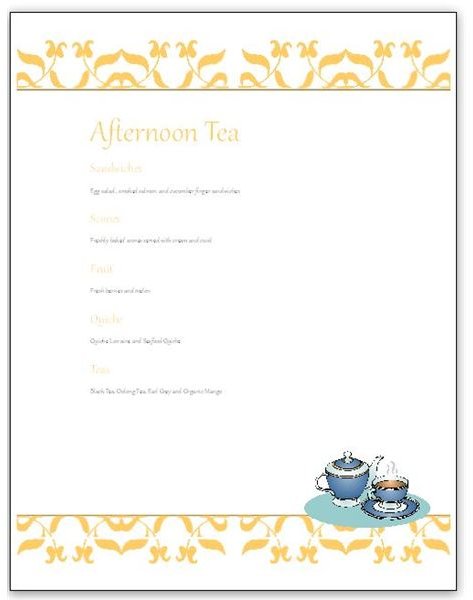 Hosting A Tea Download An Afternoon Tea Menu Template For MS Publisher