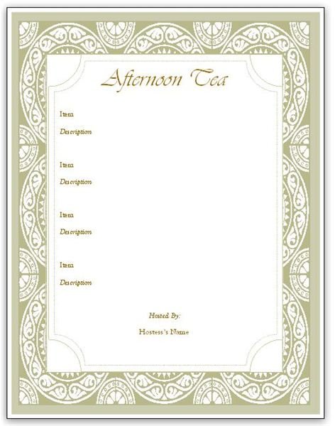 Free Afternoon Tea Menu Template Printable Templates