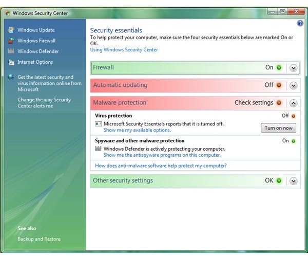 Windows Security Center in Windows XP, Vista or Windows Action Center in Windows 7 will report the status of Windows Defender as turned off.