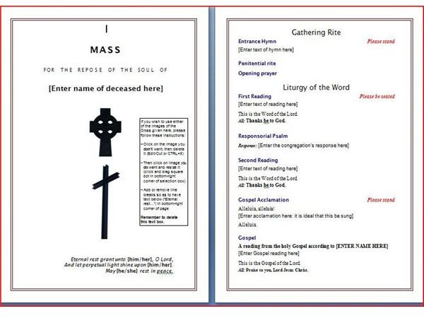 The free funeral program template available at wordtemplates.org is geared toward a Catholic Funeral Mass and read for use in Microsoft Word.