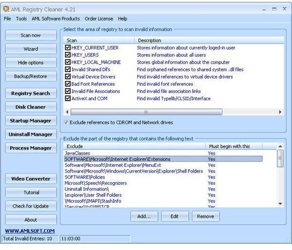 AML Registry Cleaner Advanced Options