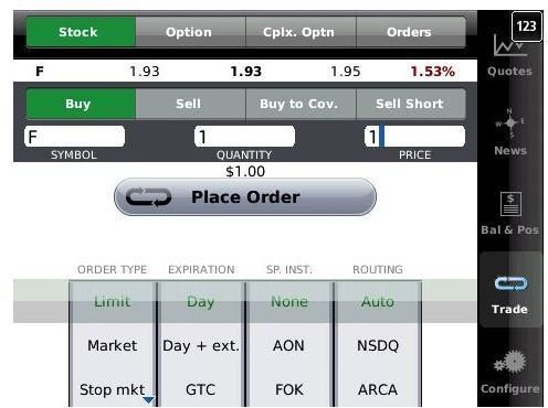 Mobile stock trading screen