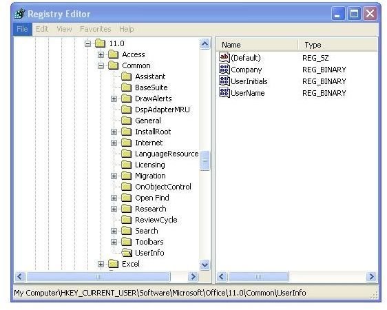 Where is the User Name Stored in the Registry for MS Office