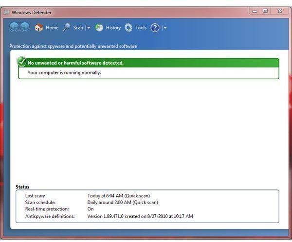 User Interface of Windows Defender in Windows 7