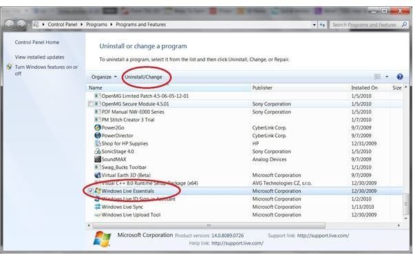 Remove Windows Live Essentials in Control Panel