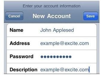 Enter excite mail account information