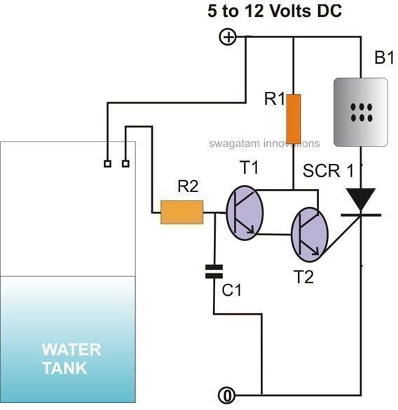 Simple SCR Controlled Water Level Alarm, Circuit Diagram, Image