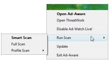Menu in Systray icon of Ad-Aware AE