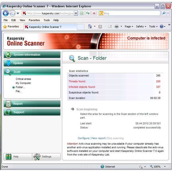 Infected Files Found by Kaspersky Online Virus Scan
