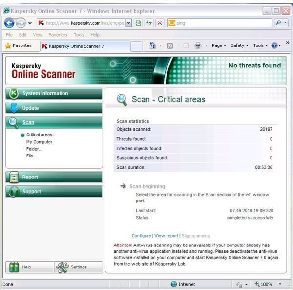 No Threats Found Using Critical Scanner in Kaspersky Online Scanner