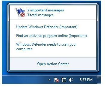 Example WIndows Action Center Messages