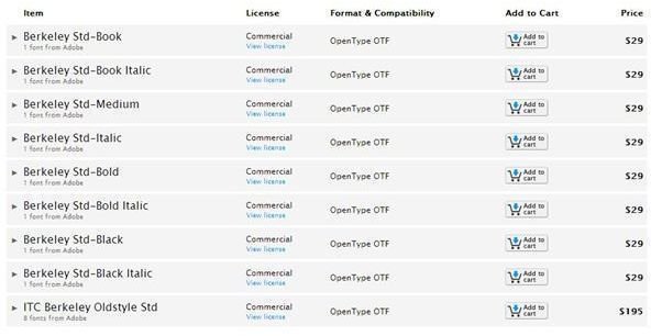 Screenshot Available Berkeley Font Packages from My Fonts