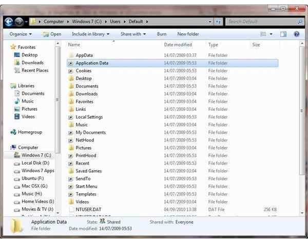 The Applications Data Windows 7 folder path and icon