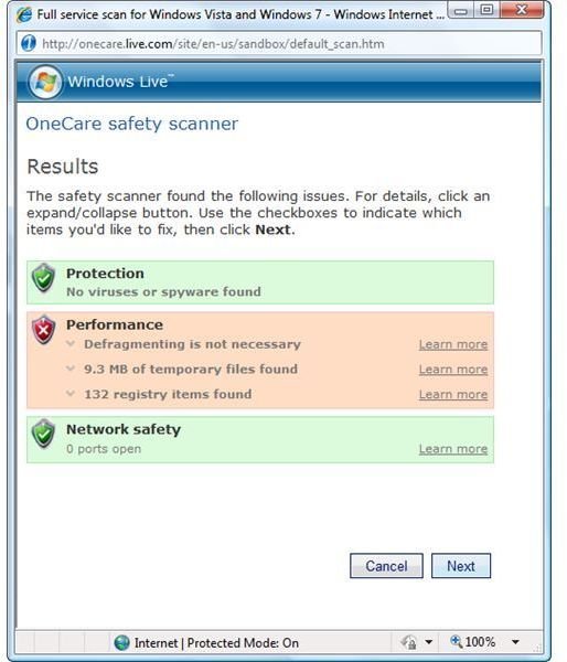 OneCare safety scanner scan result in Vista system