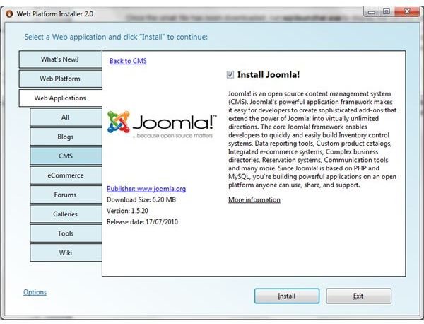 Microsoft Web PI will allow installation of Joomla on your PC or laptop