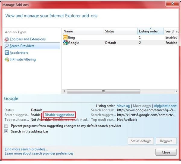 Fig 3 - How to Disable Search Suggestions in IE9 When Searching from Address Bar