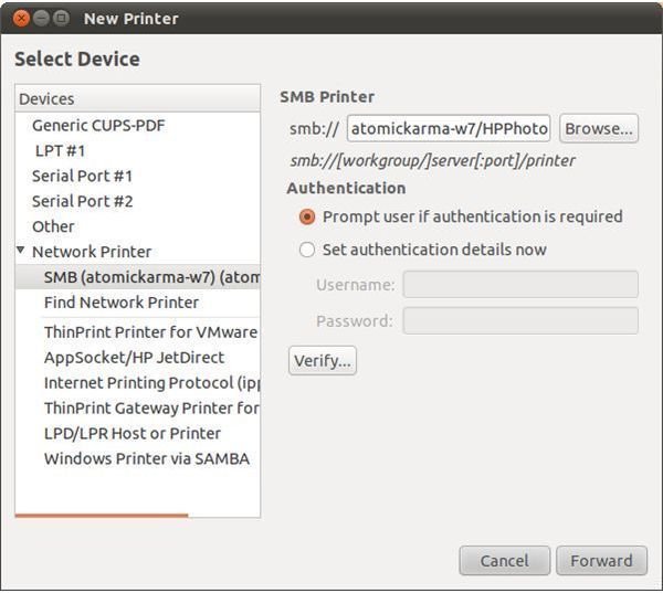 Configure a Windows printer for sharing in Ubuntu