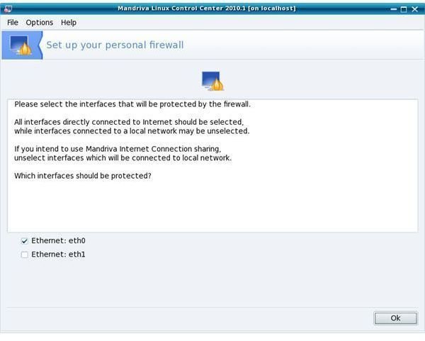 The Mandriva Linux Control Center firewall interfaces set up screen.