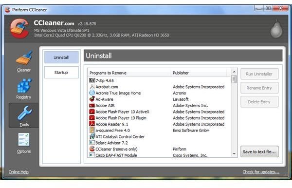 Uninstaller Tool in CCleaner