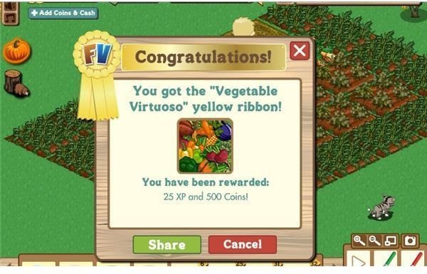 Vegetable Virtuoso yellow ribbon- for a variety of crops. Note reward of XP and coins