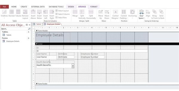 access form tabular layout