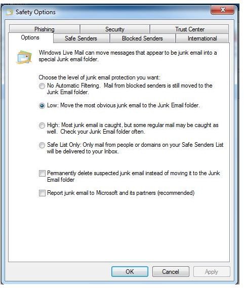 Safety Options: Junk Mail Protection of Windows Live Mail