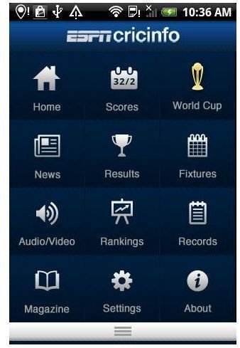 ESPN Cricinfo Menus Screen