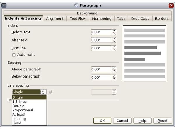 Open Office Writer line-spacing options