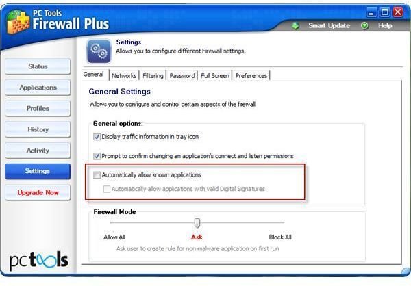 Settings for PC Tools Firewall Plus