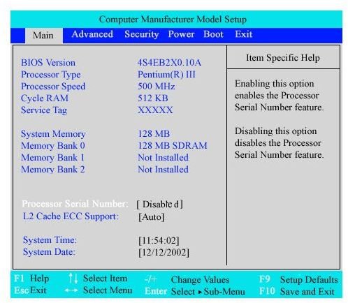 Screenshot of the BIOS (Phoenix)
