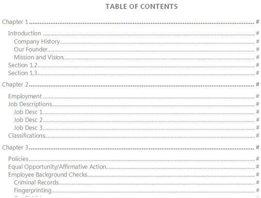 word manually format table of contents