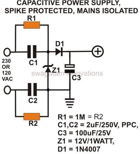 Transformerless Power Supply, AC Mains Isolated, Spike Protected Circuit Diagram, Image
