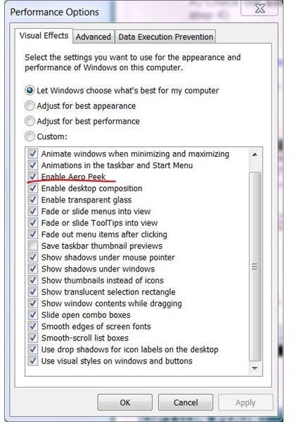 Windows 7 Aero Peek not working: Visual Effects