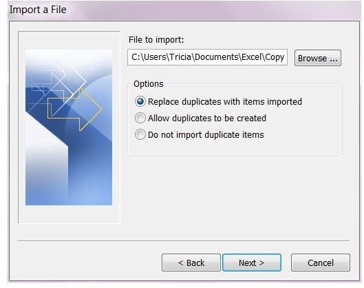 How to import contacts into Outlook 2010: Browse