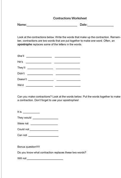 Contractions Worksheet and Lesson Plan