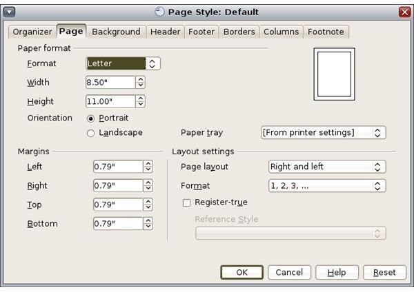 Open Office.Org Writer margin settings