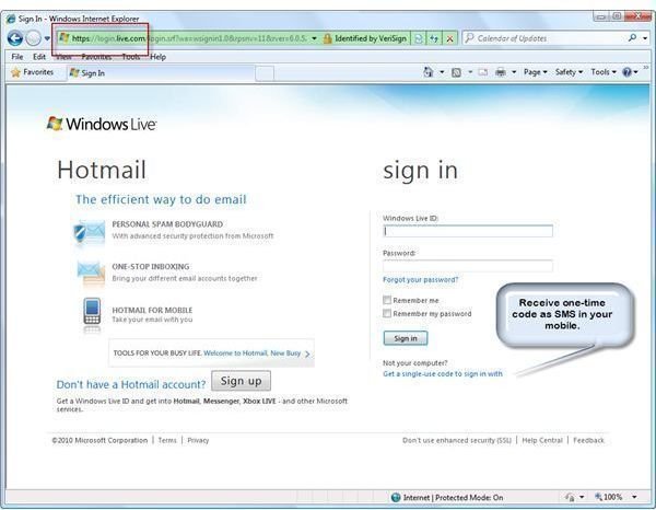 SSL and Single-Use Code for Windows Live Hotmail