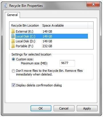 Recycle Bin Options in Windows 7
