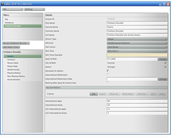 Edit the player data of Cristiano Ronaldo with the FM 2010 Data Editor