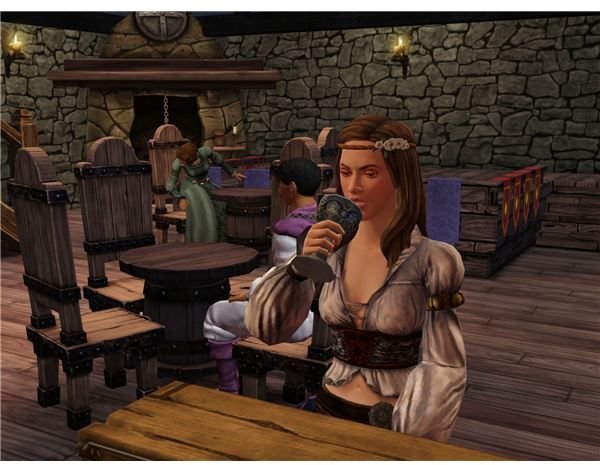 A sim enjoying a goblet of beer in a tavern.