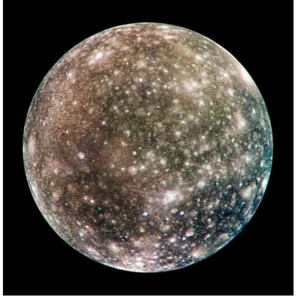 An image of Callisto, which in addition to other characteristics has a thin atmosphere, most likely composed of carbon dioxide and molecular oxygen; Callisto has exhibits a strong ionosphere. 